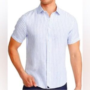 UNTUCKit Light Blue and White Striped Shirt Linen Breckenridge Short Sleeve MED